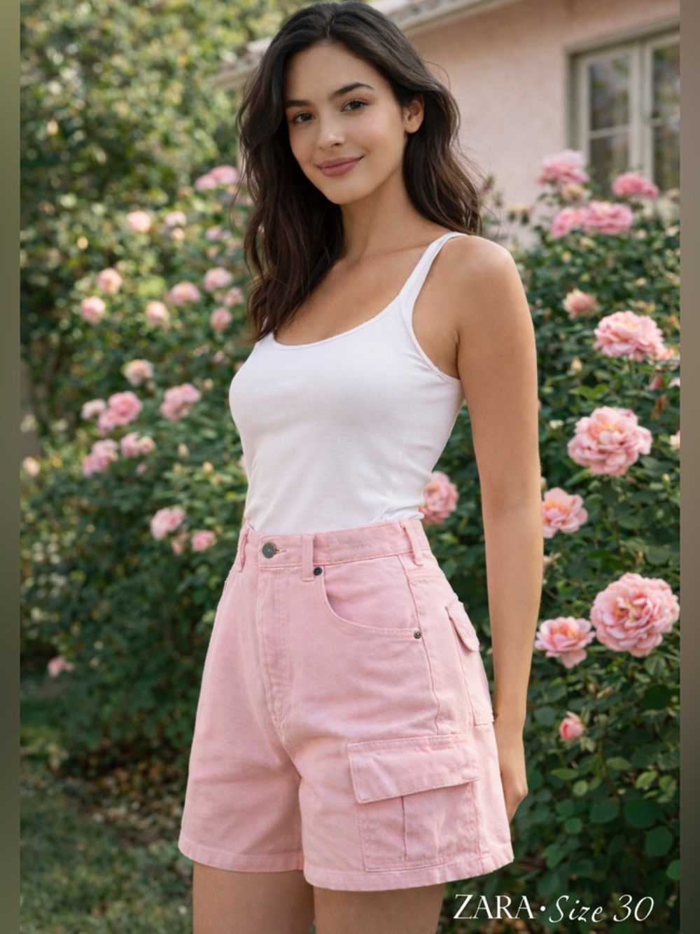 ZARA Pink Cargo Shorts Size 30 High Rise Utility Summer